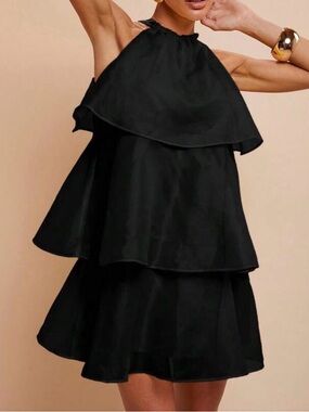 New Women's Tiered Halter Mini Dress in Black- Small